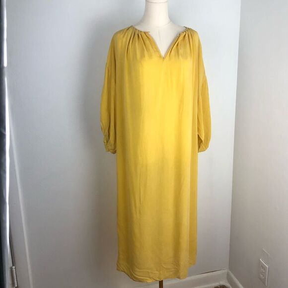 Corey Lynn‎ Calter Sun Yellow Cupro Midi Dress Minimalist Shapeless Topper - Picture 1 of 13
